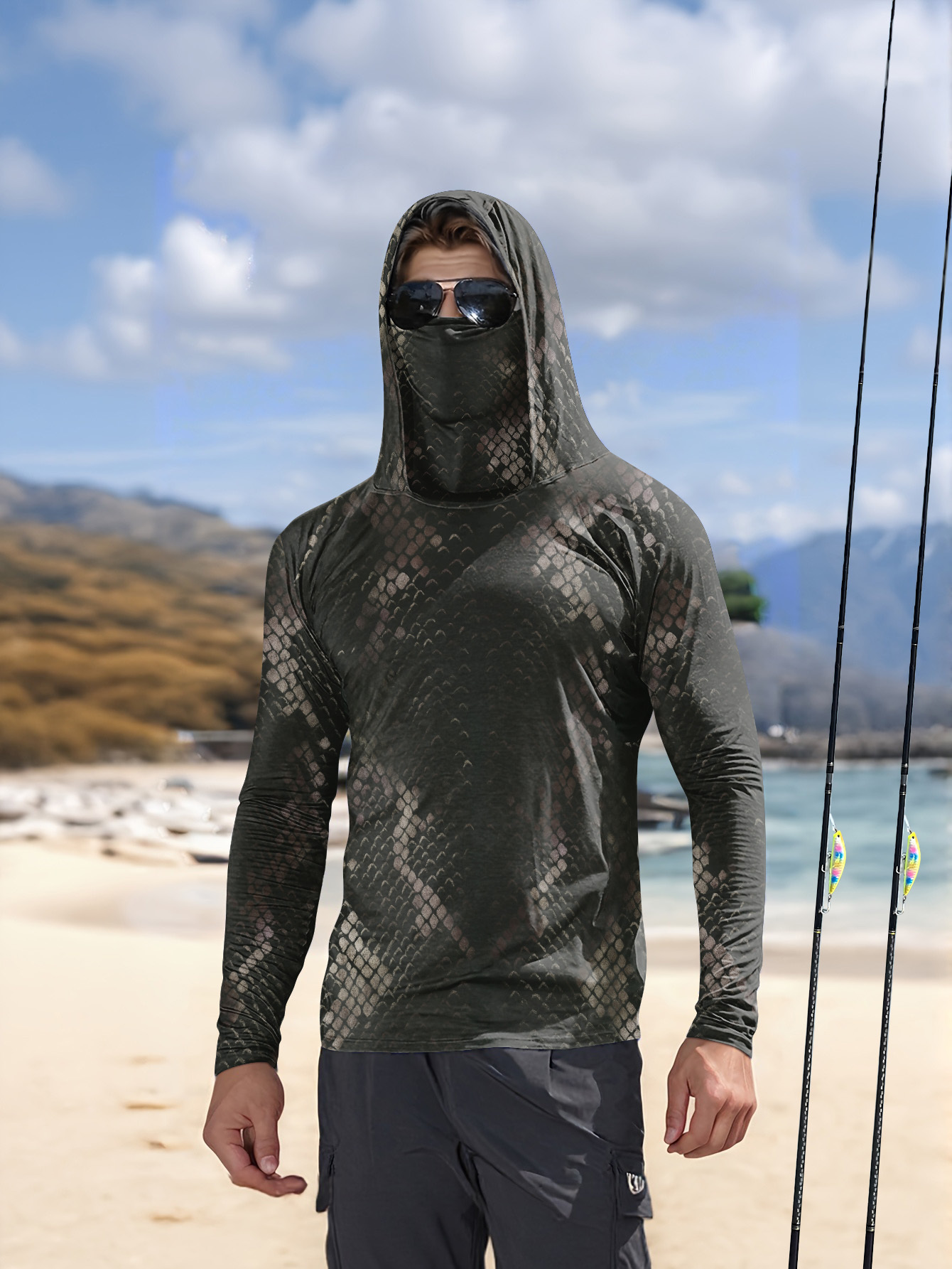 Fishing Shirt Uv Protection - Camisa de Pesca Masculina com Capuz,